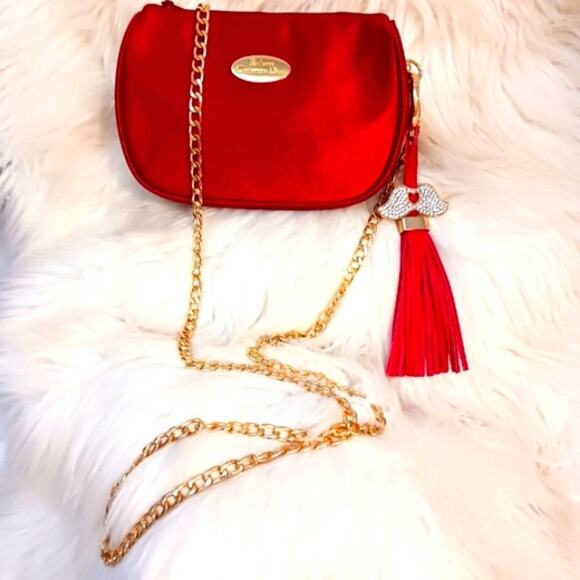 DIOR CROSSBODY Purse 6.5x4 Red Satin Beaute bag added Crystal Tassel Gold Chain - Picture 6 of 16